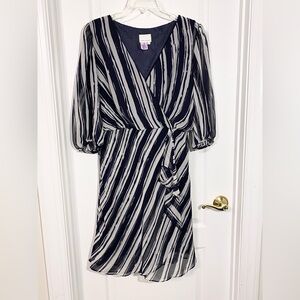 Vintage Donna Morgan Striped 3/4 Sleeve Faux Wrap Dress, Cream & Navy, Size 10,